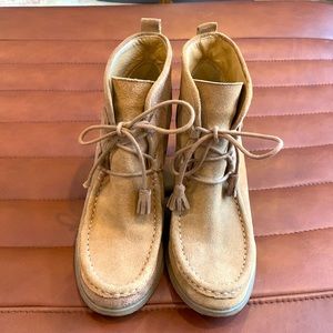 Tan Lucky Brand lace up wedge booties